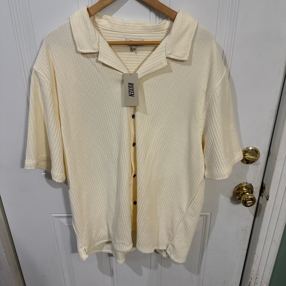 Ruxen Men’s 3XL Ivory Waffle Knit Button Down Shirt NWT Casual Cuba Style